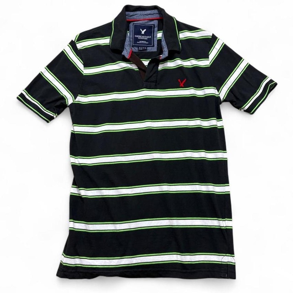 American Eagle Striped Polo Shirt Y2K Indie Grunge Green Black School Office  L